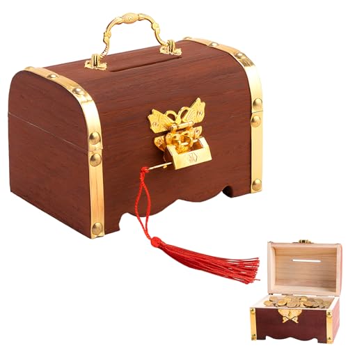 ZIGefofo Schatztruhe Holz mit Schloss Vintage Schatzkiste Kindergeburtstag Sparschwein aus Holz Piraten Schatztruhe Mitgebsel für Geburtstag Piratenparty Aufbewahren Dekorieren - 14,5×10×10cm