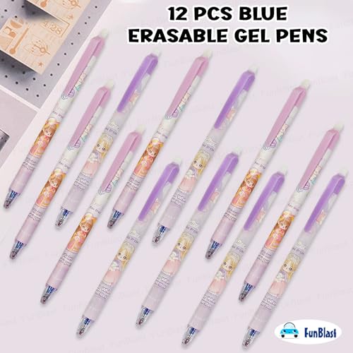 Image of FunBlast Erasable Gel Pens - Princess Pink Dream 12 Pcs of Gel Pen with Magic Eraser, Kawaii Gel Pens, Lightweight Gel Pen with Comfortable Grip, Stationery for School & Office - Blue Ink