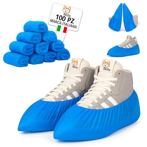 AKITAInk 100 Copriscarpe Monouso Resistenti | CPE, Impermeabili, Blu, Fondo Goffrato, Taglia Unica Fino al 48, DPI Dispositivi di Protezione Individuale per Pulizia, Cliniche, SPA, Giardinaggio