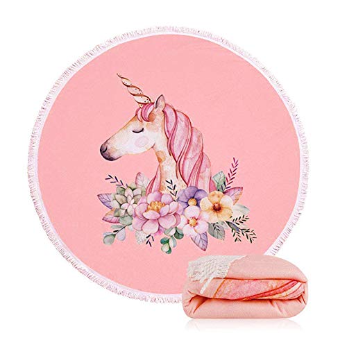 Unicorn Beach Towel For Girls Women, Soft Large Round Blanket Throw, 59 Inch Pink Bath Towels For Travel Beach Bath Picnic, Fit Kids Unicorn Birthday Themed Party Favor Supplies Decoration #TOP24