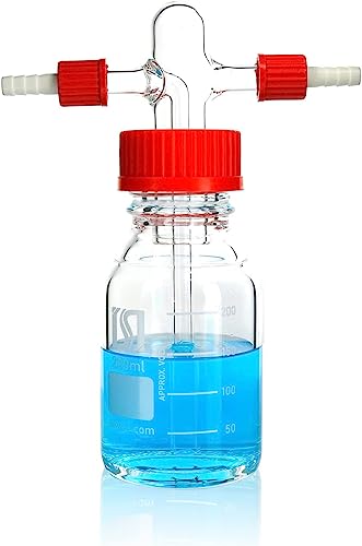 ALWSCI 250mL Bottiglia di Lavaggio del Gas del Laboratorio, Bottiglia Graduata del Laboratorio con GL45 Tappo a Vite Rosso del Polipropilene GL45, 1Set