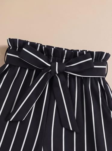 Image of Girls 2 Piece Outfits Summer Ruffle Sleeve Top and High Waisted Striped Shorts Set for Girls 7-14