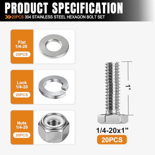 Image of mankk 20PCS 1 /4-20 x 1 inch Hex Bolt & Nut Kit,18-8 (304) Stainless Steel