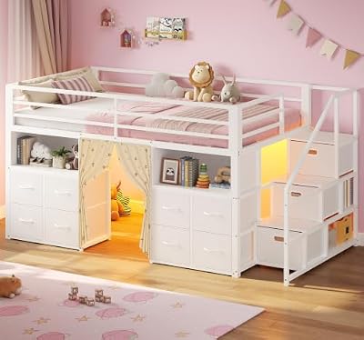 ADORNEVE Low Loft Bed Twin Size with Stairs and 11 Storage Drawers, Twin Loft Bed with Bookshelf, LED Lights & Under-Bed Play Space, Metal Kids Loft Bed with Safety Guardrail & Privacy Curtain, White