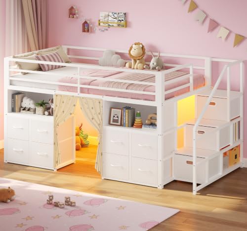 ADORNEVE Low Loft Bed Twin Size with Stairs and 11 Storage Drawers, Twin Loft Bed with Bookshelf, LED Lights & Under-Bed Play Space, Metal Kids Loft Bed with Safety Guardrail & Privacy Curtain, White