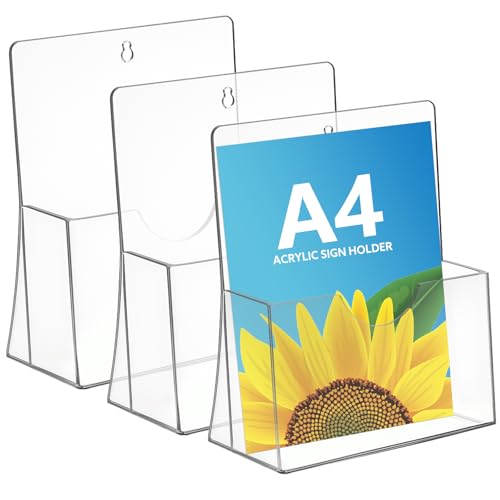 Thboxes A4 Leaflet Holder, 3 Pack Clear Leaflet Holder with Hanging Hole Acrylic Brochure Freestanding Booklet Flyer Stand for Office Restaurants Reception