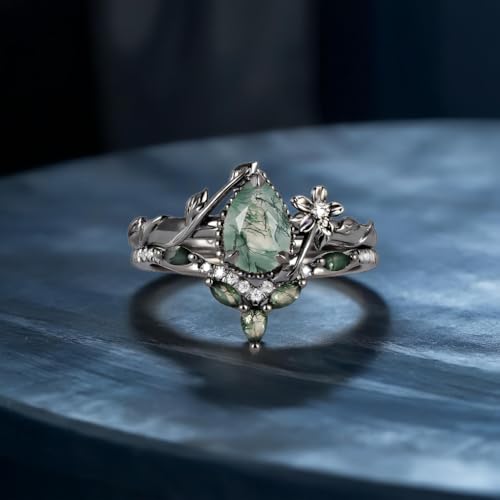 Natural Moss Agate Black Engagement Ring for Women 925 Sterling Silver or Solid Gold Engagement Ring Set Jewelry Gift for Her Customizable Bridal Wedding Ring Set Gift for Wife Optional Size 4-154