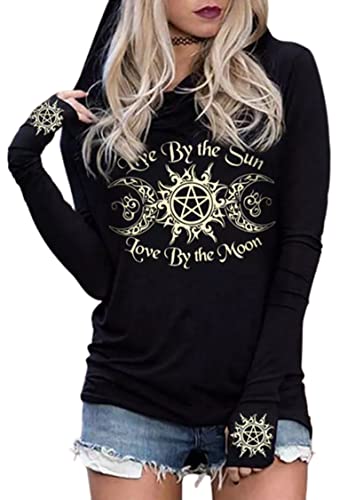Live by The Sun Love by The Moon Hoodie Women's Sun and Moon Casual Long Sleeve Sweatshirt Round Neck Pullover Tops(X-Large,Black)