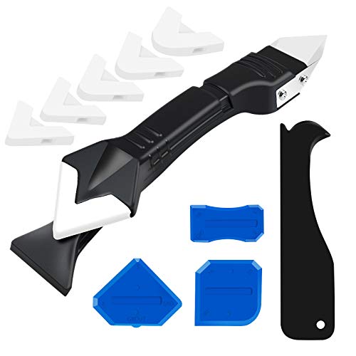 Caulking Tool, Stainless Steelhead Caulking Tool Kit, Silicone Sealant Grout Removal Tool with Reuse and Replace 6 Pads for Kitchen Bathroom Window, Sink Joint