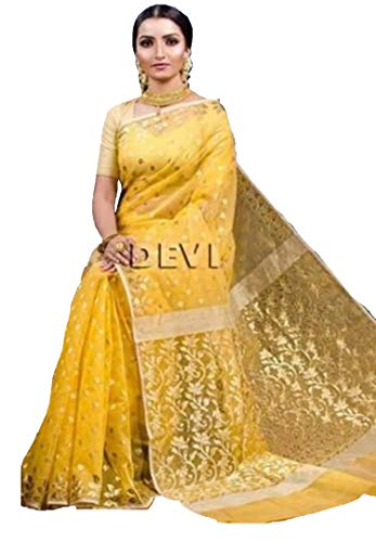 Sari Jamdani de algodon Dhaka tejido a mano textura suave elegante color amarillo original 603