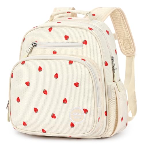 mibasies Corduroy Toddler Backpack for Girls 2-4: Little Kids Backpacks for Preschool Prek Daycare - Cute 12 Inch Bookbag - Beige Strawberry