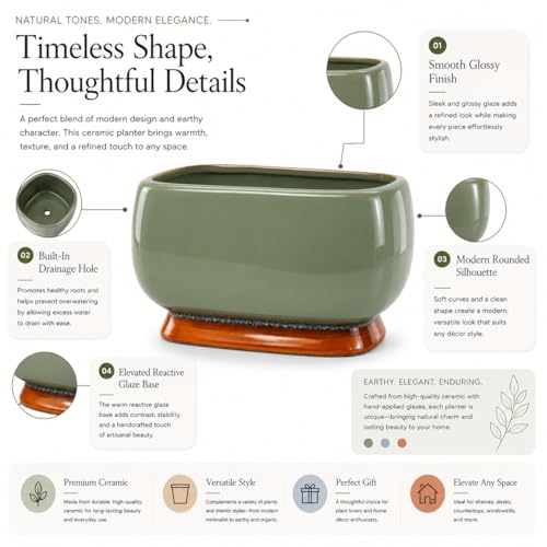 Image of Xtore Refined Glazed Ceramic Bonsai Planter Pot for Indoor & Tabletop Decor | Wide Low Profile with Drainage Hole | Turquoise Green Finish (Pack of 1, Planter Only)