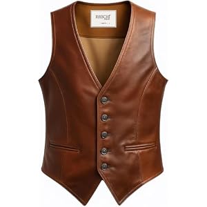 Men’s Brown Sleeveless V-Neck Leather Waistcoat Vest – Real Lambskin, Western Cowboy Steampunk Motorcycle Style