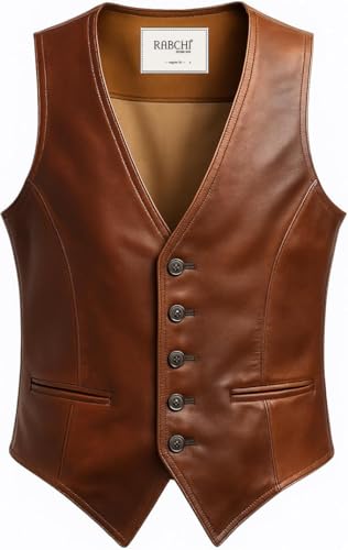RABCHI Womens Leather Vest Rich Brown Lambskin Waistcoat V Neck Button Up Slim Fit Motorcycle Biker Western Adjustable Back Strap (US Alpha Medium Regular Regular Rich Brown)