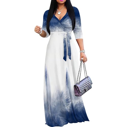 Image of PinkPatty Women's Print Maxi Dresses 3 /4 Sleeve Flowy Long Dress V Neck Wrap Tie Waist Sundress