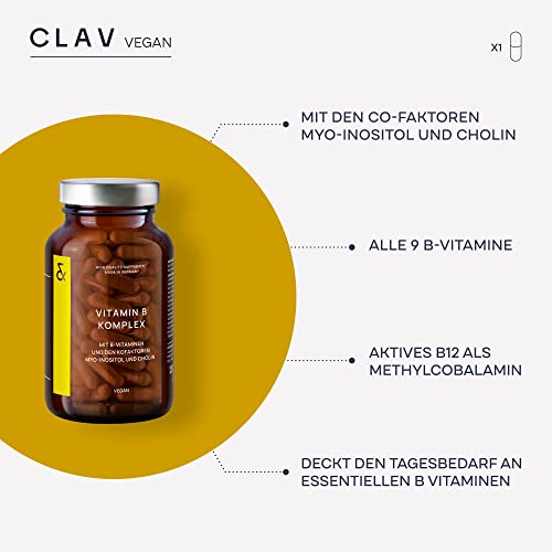 CLAV® Vitamin B Komplex – 360 vegane Kapseln (3er Set) – alle 8 B-Vitamine & Kofaktoren – Vit B1, B2, B3, B5, B6, B12 Methylcobalamin, Biotin & Folsäure – hochdosiert & vegan