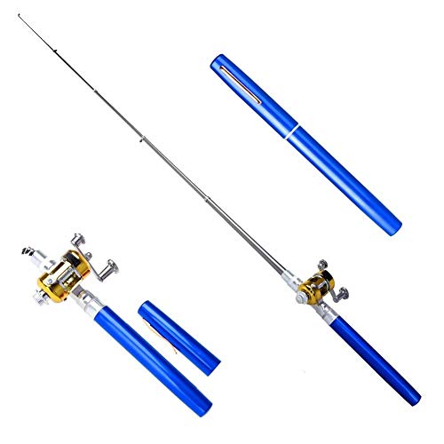 Set Combinado de caña y Carrete de Pesca, caña de Pesca telescópica Mini portátil de Bolsillo, Carrete de Pesca de aleación de Aluminio(Blue)