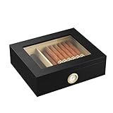 Mojgar Handmade Wooden Cigar Humidor Desktop,20-30 Counts Capacity,Travel Glass Top Cigar Box Portable with Mechanical Hygrometer,Humidifiers and Divider,Suitable for Home,Office and Bar,Black