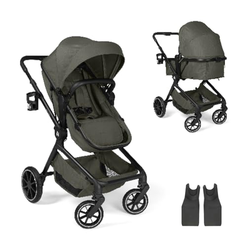 hauck Convert N Care Carrito Bebe 2 en 1 desde el Nacimiento hasta 22 kg - Capazo Convertible en Asiento Reversible - Protección UV 50+ - Ruedas de Goma - Con Adaptadores para Grupo 0+ - Oliva