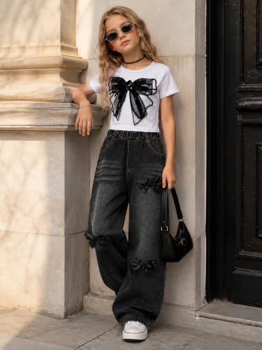 Image of Azmxynol Tween Girl Clothes Short Sleeve Top + Butterfly Design Jeans 2 Pieces Spring Summer Outfit Set, Size 6-16 Years