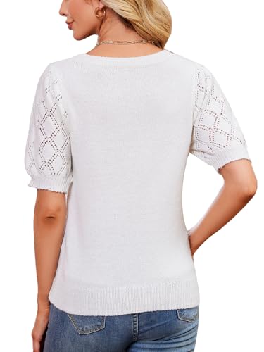 Image of White Short Sleeve Summer Sweater Tops for Women Puff Sleeve Top Dressy Casual M