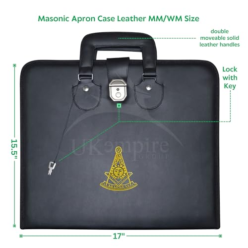 Image of Masonic Past Master Apron Case - Machine Embroidered (Black Leather), MM Provincial Size | Freemason Carrying Bags