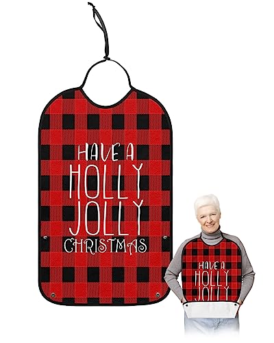 Christmas Black Red Plaid Adult Bibs for Eating, Waterproof Bibs with Food Catcher & Adjustable Snap Closure, Have A Holly Jolly Christmas Washable Clothing Protectors Adult Bibs for Elderly Women/Men