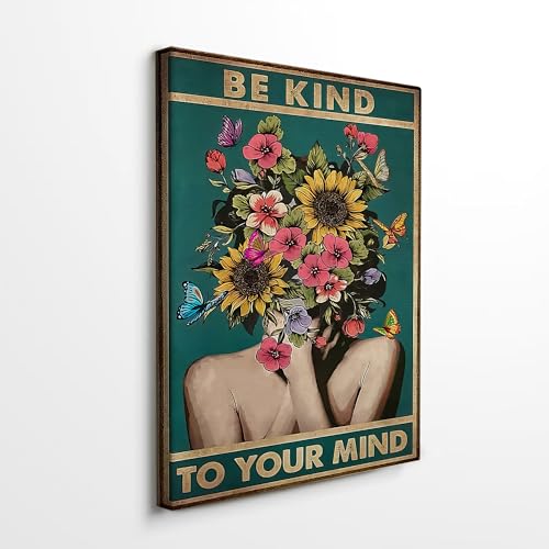 DIHSIEG Floral Canvas Wall Art Be Kind to Your Mind Vintage Poster Rimless Floral Can Hang on Wall Healing Your Heart Poster Wall Art Canvas (flower1, 12x16 inches)