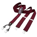 Cierre: 4 clips brillante DonDon hombres tirantes 3,5 cm ancho 4 clips con piel cuero marrón de forma Y elástico y con longitud ajustable rojo burdeos