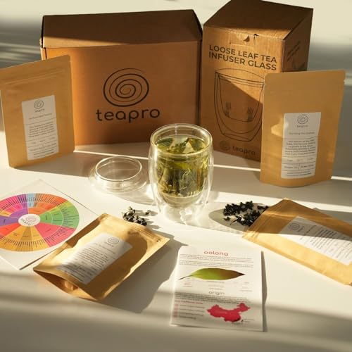 teapro oolong tea gift set with glass infuser, four premium tea varieties, and educational guide booklet