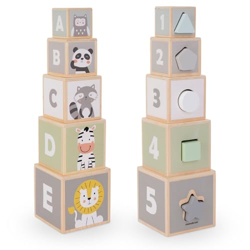mamabrum, Tour en Bois - trieur de Formes numéros Alphabet Animaux, 5 Cubes en Bois, 5 éléments avec Formes géométriques Tour d'empilage avec Animaux...