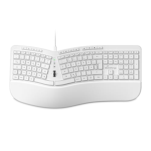 MediaRange kabelgebundene ergonomische Multimedia Tastatur mit Bildlauf-Rad, QWERTZ (DE/at) T1, Vollformat mit Ziffernblock, Funktions- & Schnelltasten, 1.8m Kabel, Weiß