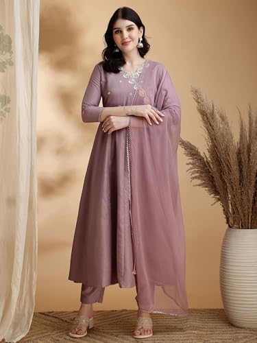 Image of NIVANA Womens Chinnon Angrakha Style Embroidered Anarkali Kurta with Pant and Dupatta | Solid Pattern A-Line Fit | Elegant V-Neck Kurta Set with 3 /4 Sleeves | Ethnic Festive and Wear Outfit