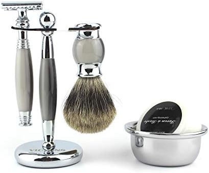 VICYUNS Luxury Grooming Shaving Set for Men Including Double-sided Razor, Allergy Shaving Soap, Stainless Steel, Hair Shaving Brush,10 Replacement Blades (Grey)