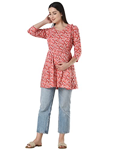 Image of ZUVINO Women's Maternity Feeding Top with Zip for Easy Nursing | Stylish Feeding Tops for Jeans | Maternity Short Kurti for Mothers | Nursing Dress for Women | 100% Rayon