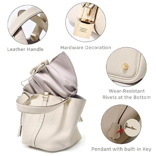 Genuine Leather Bucket Bag with Lock Closure & Removable Insert, Top Handle Shoulder Handbag for Women, Versatile Tote Style2