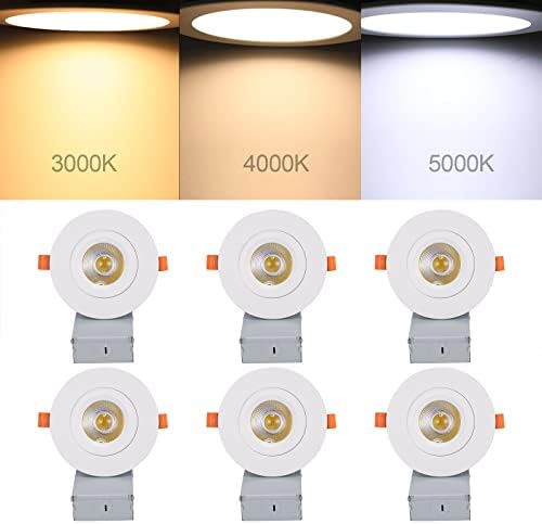 6 Pack 4 Inch LED Recessed Ceiling Light with Junction Box, Airtight Gimbal Eyeball Slim Downlight, CRI80+, 3000K-5000K, 15W 100W Eqv, 1000LM Dimmable Panel Light - ETL & Energy Star Certified