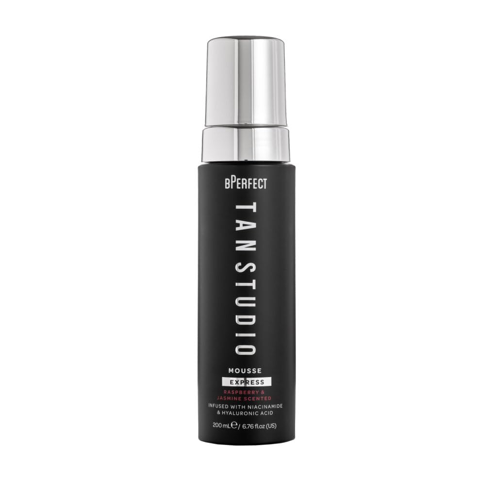 BPerfect Tan Studio Express Tanning Mousse Lightweight Hydrating Self Tan with Hyaluronic Acid, Niacinamide, CQ10, Aloe Vera & Green Tea Raspberry & Jasmine Scent 200ml
