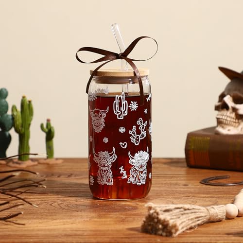 Celebloom Highland Cow Gifts for Women, Glass Cups with Lid and Straw - image 2