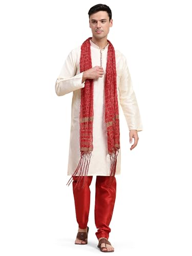 SKAVIJ Men's Jacquard Silk Kurta Pajama Set with Scarf Ethnic Motifs 3-Piece Set