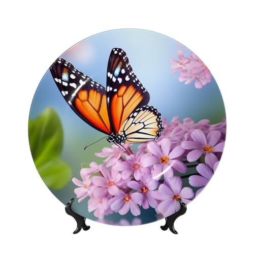 Assiette décorative en céramique avec support de présentation papillon fleurs
