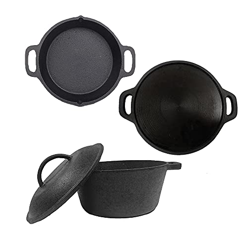 70’s Kitchen Pre-Seasoned Cast Iron Cookware Combo Set – Dutch Oven (5ltrs), Smoothy Tawa (12Inch) & Double Handle Skillet Pan (10Inch) for Cooking