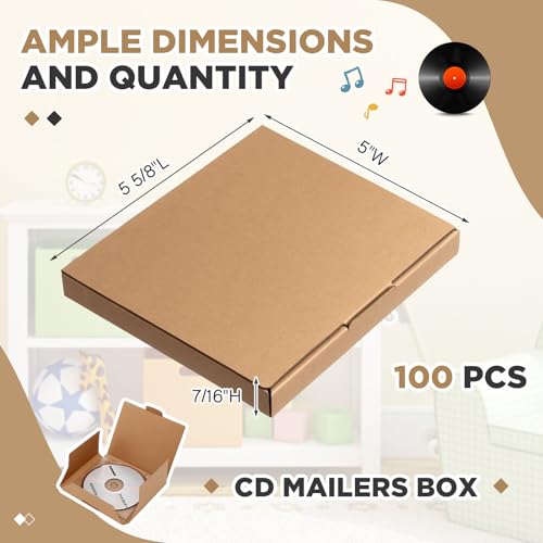 Image of Fuyoooo 100 Pcs 5 5 /8 inchl x 5 inchw x 7 /16 inchh Cd Mailer Box Cd Shipping Boxes Corrugated Mailing Bags for Moving, Shipping, Storage, or Small Business Packaging (Brown)