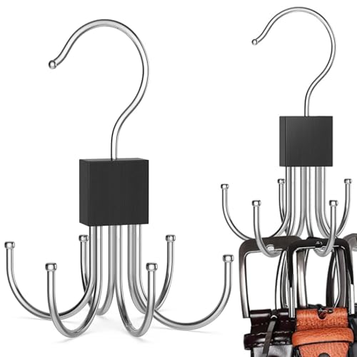 Belt and Tie Hanger Organizer With Rotating 8 Hooks - Wardrobe Closet Storage Solution for Clothes, Belts, Ties, Bags, Scarves, Hats - Space Saver Black 1 Pack
