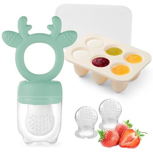 Image of Powerwan Baby Fruit Food Feeder with Popsicle Mold, Cute Teething Toys Silicone Teethers for Babies 3-12 Months for Baby Feeding Gift