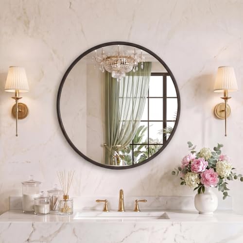 Image of Sweetcrispy 24 Inch Round Wall Mirror, Bathroom Mirrors for Over Sink, Matte Metal Framed Circle Vanity Mirror, Wall Decor for Bedroom, Entryway, Anti-Rust, Tempered Glass, Hanging or Leaning, Black