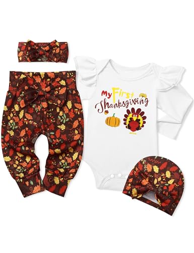 My First Thanksgiving Baby Girl Outfit Ruffle Long Sleeve Turkey Print Thanksgiving Baby Girl Outfit