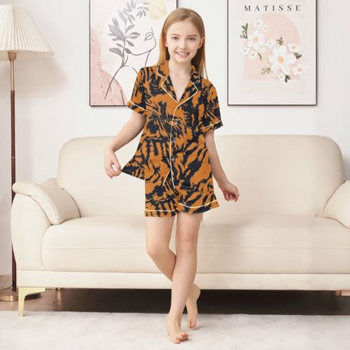 Satin Pajama Sets Short Sleeve Tiger Orange Black Pattern Button Down Silky Nightwear 2 Piece PJS 5-14Y3