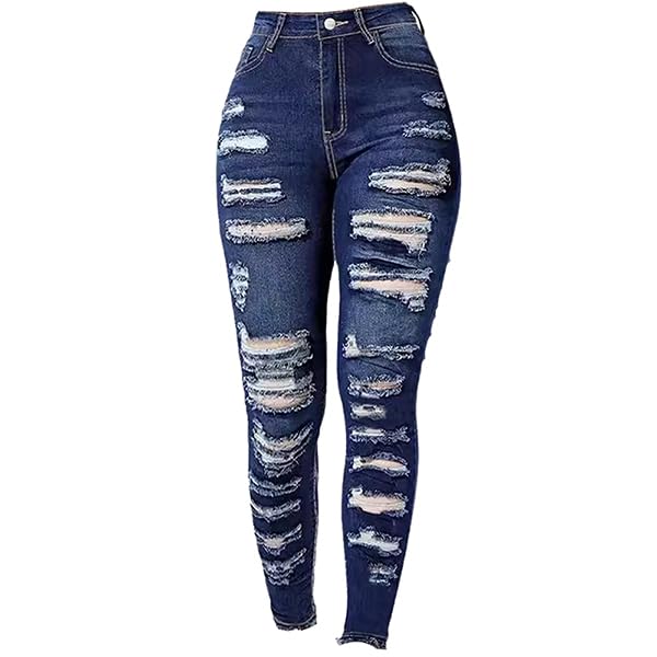 Women's Stretch Denim Pants Plus Size Slim Destroyed Trousers Casual High Waist Skinny Ripped Jeans