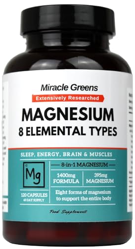 8 in 1 Magnesium Complex Bisglycinate Malate Taurate Gluconate Lactate Carbonate Aspartate and Oxide 1400mg Formula Providing 395mg of Elemental Magnesium 120 Capsules - Made in The UK